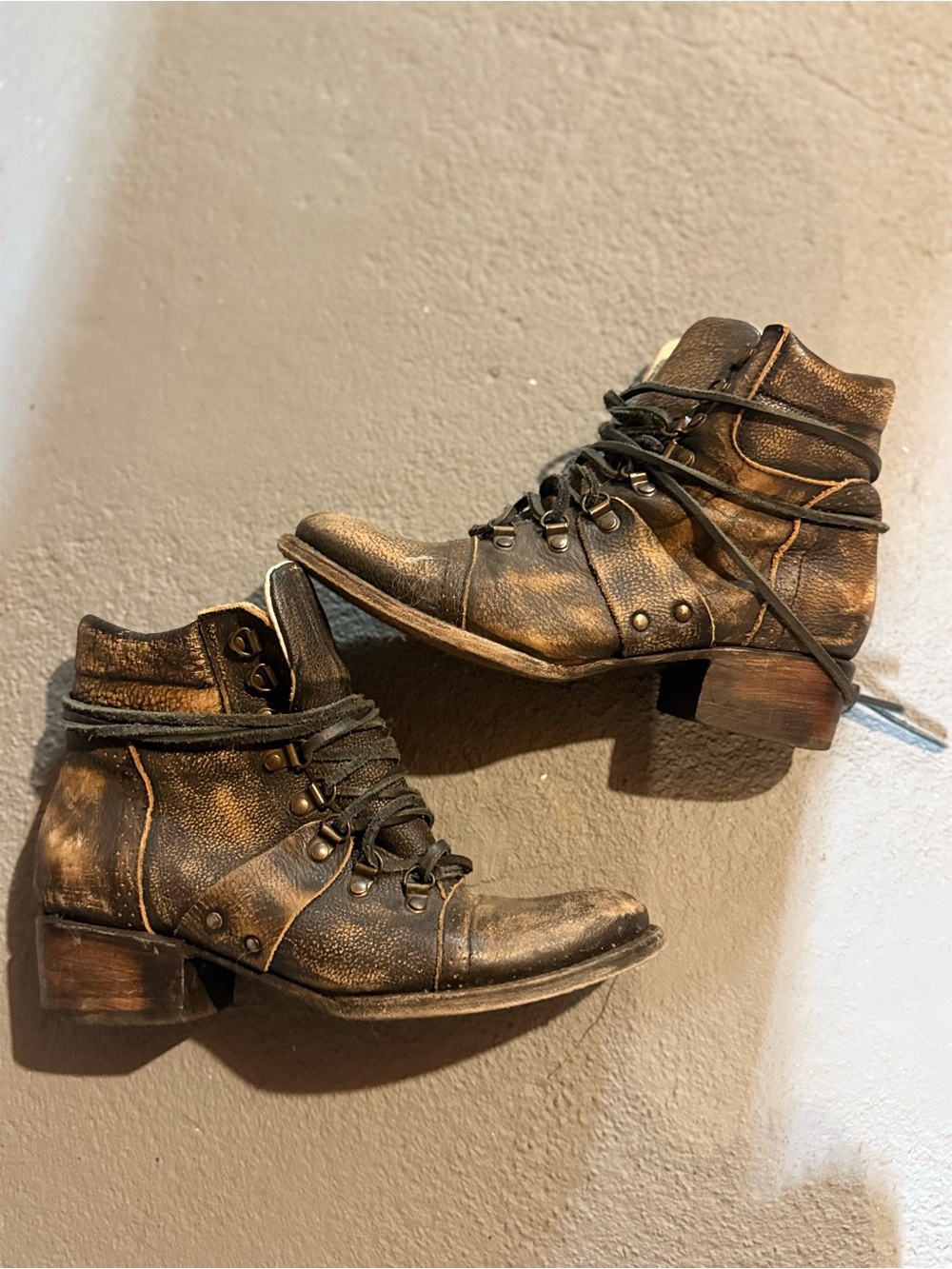 Freebird by Steven Gage - Distressed Lace-Up Ankle Boots - Metallic Black/Brown